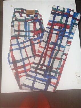 kate spade Painted Plaid Straight Leg Jeans in White, Red, Blue, Green, Black